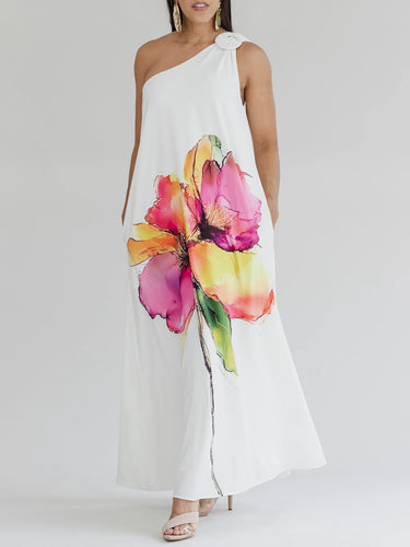 1784675 A-Line Loose Buckle Contrast Color Flower Print Pockets One-Shoulder Maxi Dresses