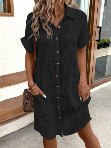 1768150 Half Sleeves Loose Buttoned Pockets Solid Color Lapel Mini Dresses