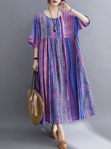 ヴィンテージサイドポケットストライプの花の印刷されたミディドレス