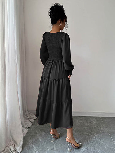 1731545 Elasticated Waist High Waisted Pleated Solid Color Split-Joint Round-Neck Midi Dresses