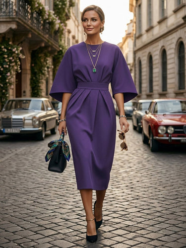 1757278 Batwing Sleeves Elasticated Waist Pleated Solid Color Split-Joint Round-Neck Midi Dresses