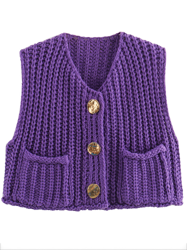 1783578 Sleeveless Buttoned Pockets Solid Color Cardigan Tops Knit Top