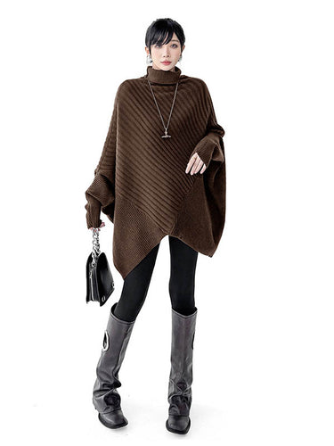 1726299 Batwing Sleeves Irregularity Asymmetric Ribbed Knit Solid Color Split-Joint High Neck Sweater Tops