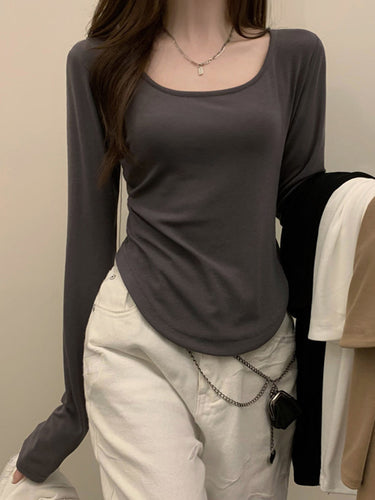 長袖スキニーソリッドカラースクエアネックTシャツのトップ