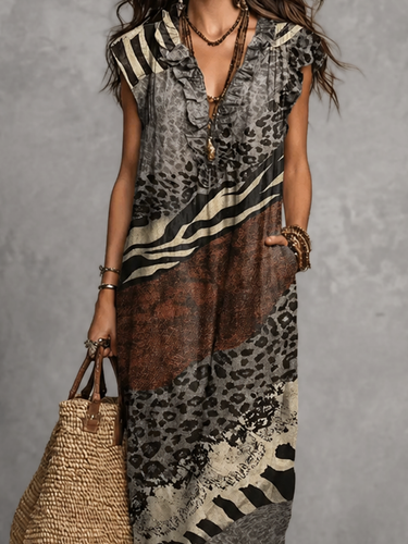 1781440 Loose Sleeveless Pockets Printed Ruffled V-Neck Maxi Dresses