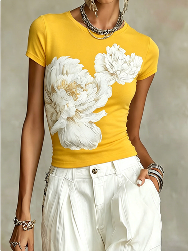 Short Sleeves Contrast Color Flower Print Round-Neck T-Shirts Tops