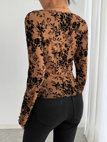 1716016 Flared Sleeves Long Sleeves Solid Color Deep V-Neck T-Shirts