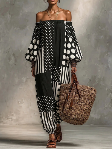 1779500 Long Sleeves Puff Sleeves Contrast Color Elasticity Polka Dot Split-Joint Striped Off-The-Shoulder Jumpsuits