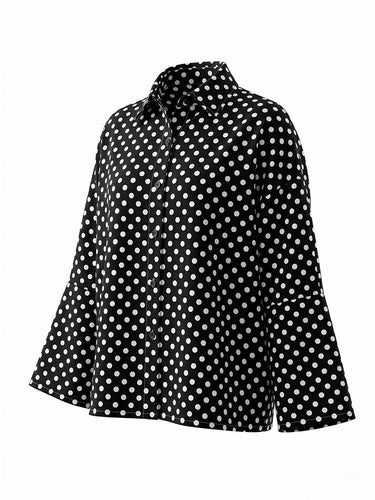 Blusa de manga larga, holgada, abotonada, con estampado de lunares en color de contraste y solapa dividida.&Sblusas