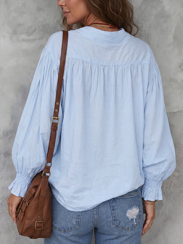 1784451 Long Sleeves Loose Buttoned Pleated Solid Color Lapel Blouses&Shirts Tops