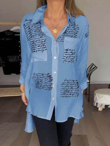 1782320 High-Low Long Sleeves Contrast Color Letter Print Pockets Lapel Blouses&Shirts Tops