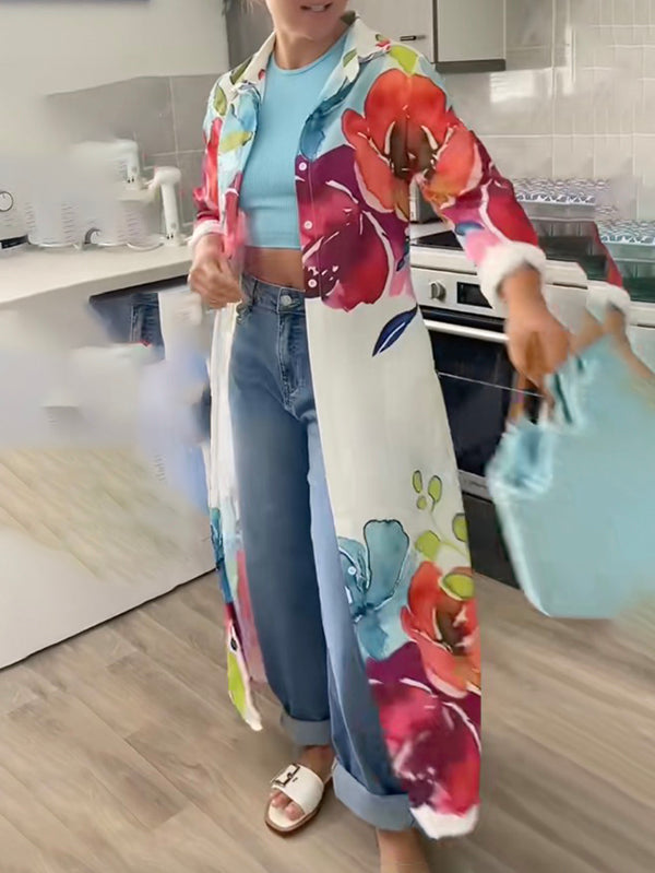 Buttoned Contrast Color Flower Print Loose Three-quarter Sleeves Lapel Shirt Dress Mini Dresses