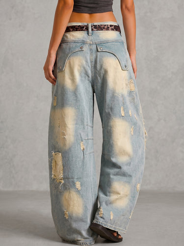 1778359 High Waisted Wide Leg Asymmetric Buttoned Contrast Color Jacquard Pockets Split-Joint Streamer Jean Pants Bottoms
