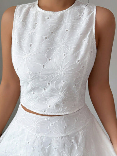 1788611 Cropped Embroidered Hollow Solid Color Tank Tops + High Waisted Skirts Bottoms Two Pieces Set