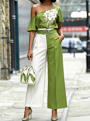 1776266 High Waisted Belted Contrast Color Pleated Pockets Pants Trousers
