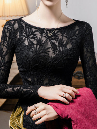 Long Sleeves Plus Size Hollow See-Through Solid Color Split-Side Round-Neck T-Shirts Tops