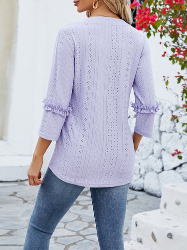 1497369 Loose Three-Quarter Sleeves Jacquard Solid Color V-Neck T-Shirts Tops