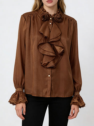 1753702 Long Sleeves Ruffle Sleeves Buttoned Pleated Ruffled Solid Color Split-Joint Stand Collar Blouses&Shirts Tops