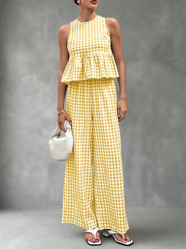 A-Line Loose Plaid Pleated Split-Joint Round-Neck Vest Top + Pants Bottom Suits