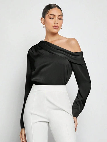 1728975 Long Sleeves Skinny Pleated Solid Color Split-Joint One-Shoulder Blouses&Shirts Tops