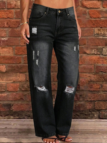 1781281 High Waisted Wide Leg Buttoned Hollow Pockets Split-Joint Jean Pants Bottoms