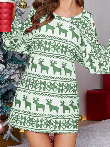 1717766 Long Sleeves Puff Sleeves Animal Printed Contrast Color Flower Print One-Shoulder Mini Dresses