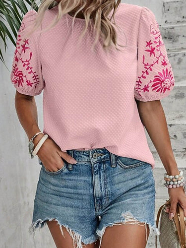 1753192 Loose Short Sleeves Bow-Embellished Contrast Color Split-Joint Round-Neck Blouses&Shirts Tops