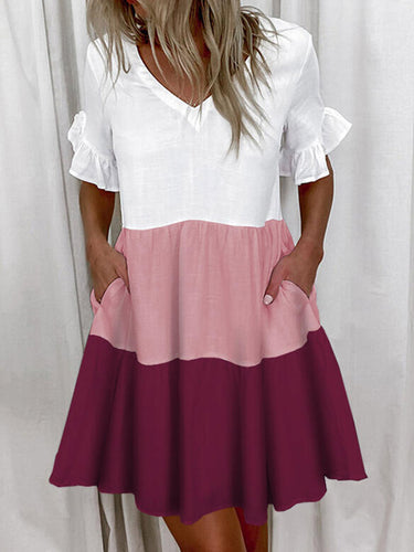 1752950 Abiti midi con scollo a V e scollo a V stampati con tasche a pieghe a contrasto di colore a vita alta a vita alta
