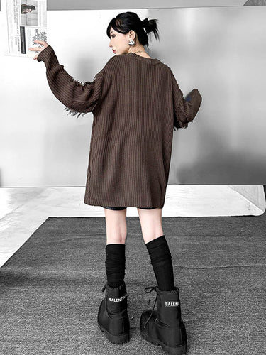 1720247 Irregularity Long Sleeves Abstract Printed Asymmetric Contrast Color Split-Joint Tasseled Round-Neck Sweater Tops