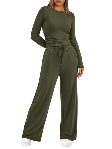 1751570 Solid Color Pleated Round-Neck T-Shirts Tops +  Elasticated Waist High Waisted Drawstring Pants Two Pieces Set