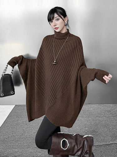1726285 Batwing Sleeves Irregularity Asymmetric Ribbed Knit Solid Color Split-Joint High Neck Sweater Tops
