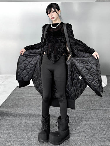 1720067 High-Low Irregularity Abstract Printed Contrast Color Split-Joint Zipper Hooded Outerwear Overcoat