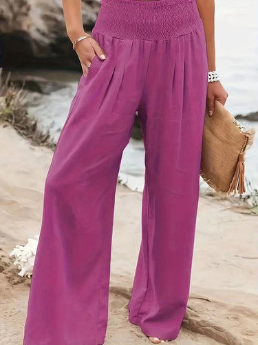 Elasticated Waist High Waisted Pleated Pockets Solid Color Split-Joint Pants