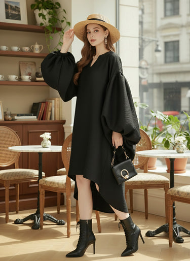 Batwing Sleeves High-Low Pleated Solid Color Split-Joint Round-Neck Midi Dresses