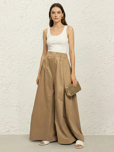Elasticated Waist High Waisted Pleated Pockets Solid Color Pants