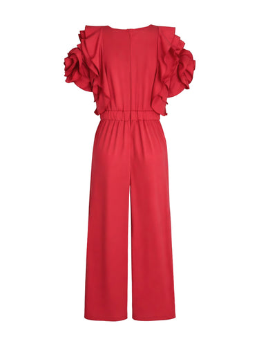 Loose Short Sleeves Falbala Solid Color Round-Neck Jumpsuits