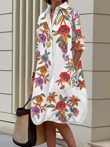 1779519 A-Line Half Sleeves Buttoned Contrast Color Flower Print Pockets Lapel Midi Dresses Shirt Dress