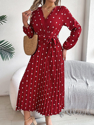 1756167 High Waisted Long Sleeves Pleated Polka Dot Tied Waist V-Neck Maxi Dresses Shirt Dress