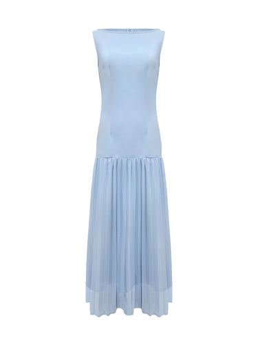Sleeveless Gauze Pleated Solid Color Split-Joint Boat Neck Evening Dresses Maxi Dresses