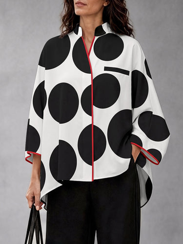 Polka-Dot Contrast Color Three-quarter Sleeves Loose Stand Collar Blouses&shirts Tops