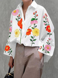 Long Sleeves Loose Buttoned Contrast Color Flower Print Lapel Blouses&Shirts Tops