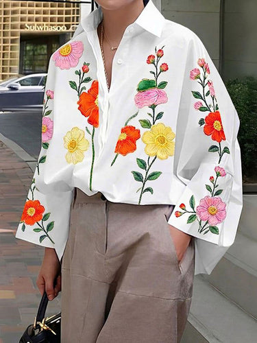 Long Sleeves Loose Buttoned Contrast Color Flower Print Lapel Blouses&Shirts Tops