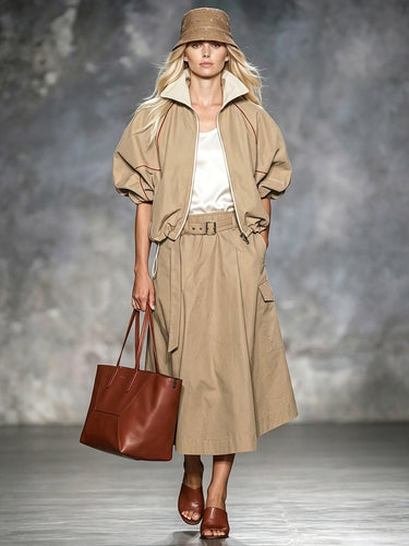 Zipper Drawstring Contrast Color Loose Half Sleeves Lapel Outerwear