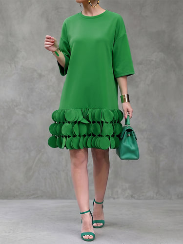 A-Line Loose Solid Color Split-Joint Three-Dimensional Flower Round-Neck Mini Dresses
