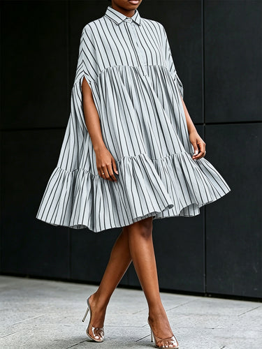A-Line Batwing Sleeves Buttoned Contrast Color Pleated Ruffle Trim Split-Joint Striped Lapel Midi Dresses