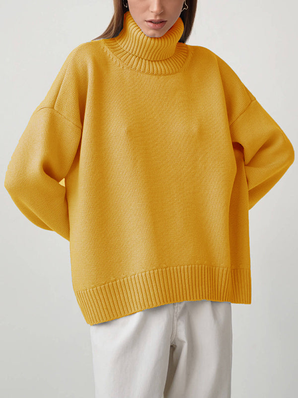 Long Sleeves Loose Pleated Solid Color Split-Joint High Neck Sweater main image 0