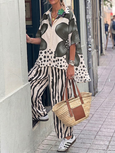 1781345 Half Sleeves Buttoned Flower Print Polka-Dot Lapel Blouses&Shirts Tops + High Waisted Pants Trousers Two Pieces Set
