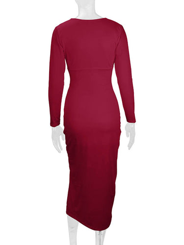 1726407 Bodycon Elasticated Waist Pleated Solid Color Split-Joint Split-Side Deep V-Neck Midi Dresses