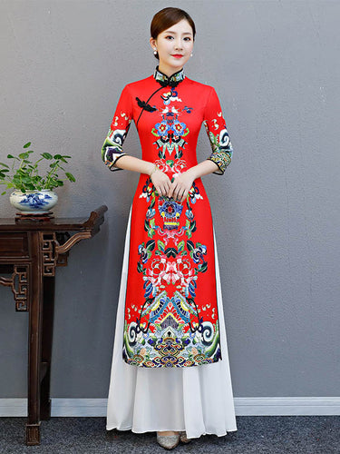 赤いスプリットジョイント7分の1の袖ao dai long cheongsams