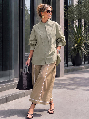 Zipper Split-Joint Pockets Elasticity Contrast Color Buttoned Wide Leg High Waisted Pants Cropped Trousers